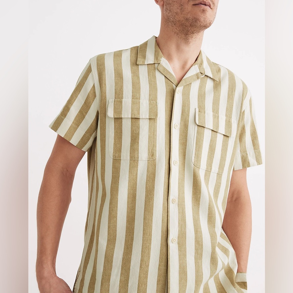 Men's Striped Short Sleeve Shirt - Dark Yellow and Cream